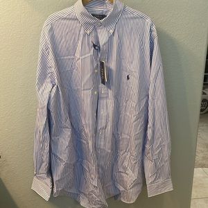 Men’s classic Polo Ralph Lauren blue and white striped button down dress shirt